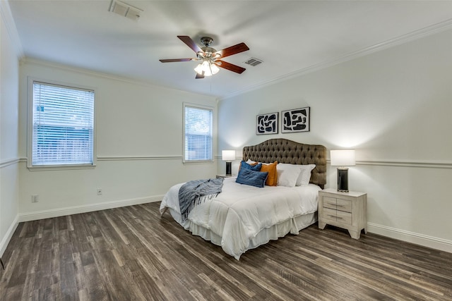 2416 Dogwood Dr, Little Elm, TX 75068 - bedroom with dark wood-style floors, ornamental molding, baseboards, and a ceiling fan