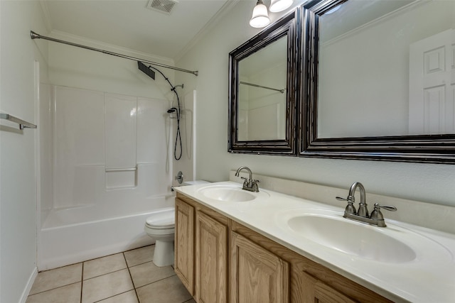 2416 Dogwood Dr, Little Elm, TX 75068 - full bathroom featuring ornamental molding, toilet, tile patterned flooring, double vanity, and shower / bath combination