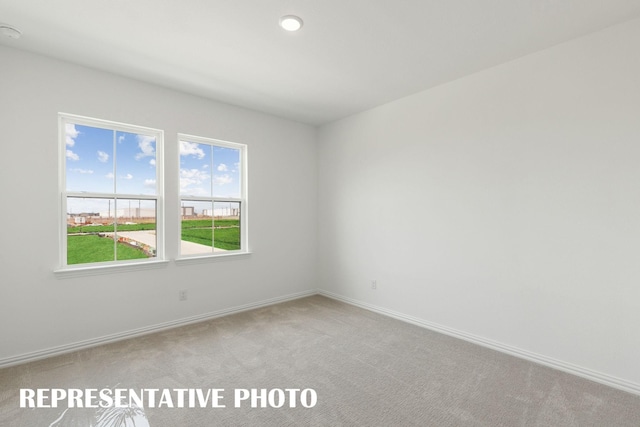 spare room with baseboards and light carpet