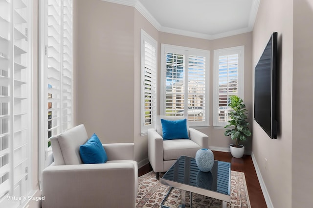 907 Ozark Dr, Allen, TX 75002 - living area featuring baseboards, ornamental molding, and wood finished floors