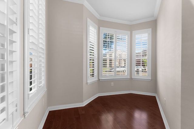 907 Ozark Dr, Allen, TX 75002 - spare room featuring dark wood-style flooring, baseboards, and ornamental molding
