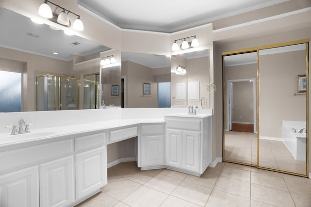 907 Ozark Dr, Allen, TX 75002 - bathroom featuring tile patterned flooring, double vanity, ornamental molding, a shower stall, and a sink