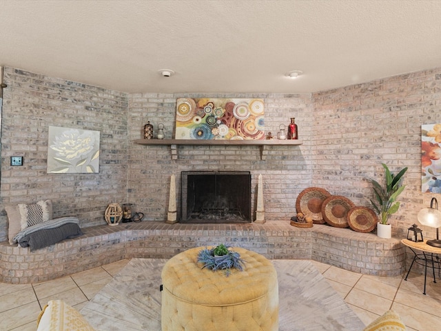 12580 Briar Rd, Azle, TX 76020 - tiled living room featuring a brick fireplace, a textured ceiling, and brick wall