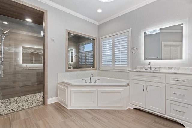 bathroom with a bath, crown molding, a stall shower, vanity, and recessed lighting
