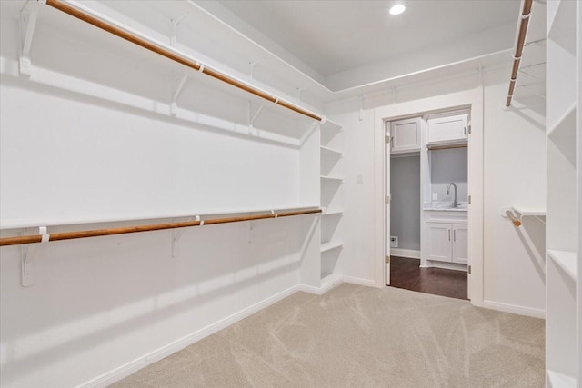 walk in closet with a sink and carpet flooring