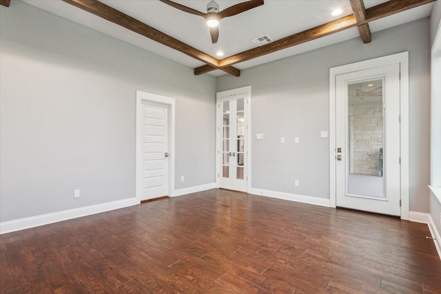 unfurnished room featuring dark wood-style flooring, french doors, a ceiling fan, beamed ceiling, and visible vents