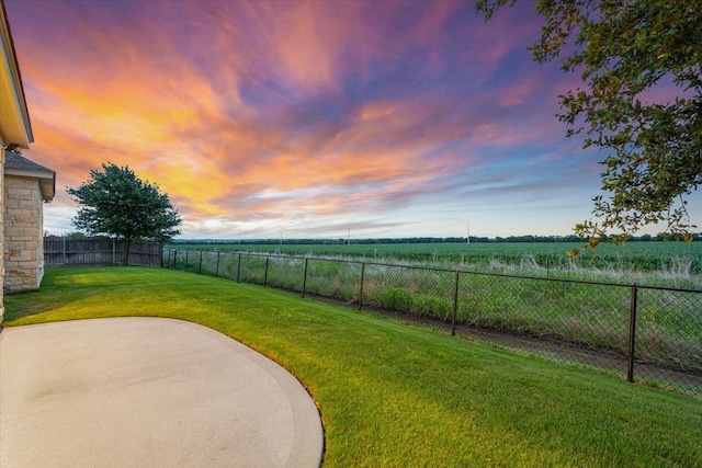 view of yard with a patio, a rural view, and a fenced backyard