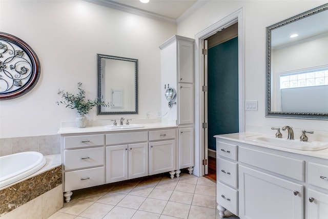 full bathroom featuring a sink, tile patterned floors, and ornamental molding