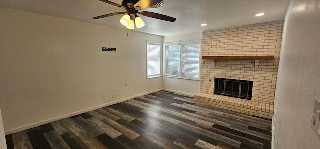 6404 Brentwood Dr, Fort Worth, TX 76112 - unfurnished living room with ceiling fan, a fireplace, baseboards, recessed lighting, and dark wood-type flooring