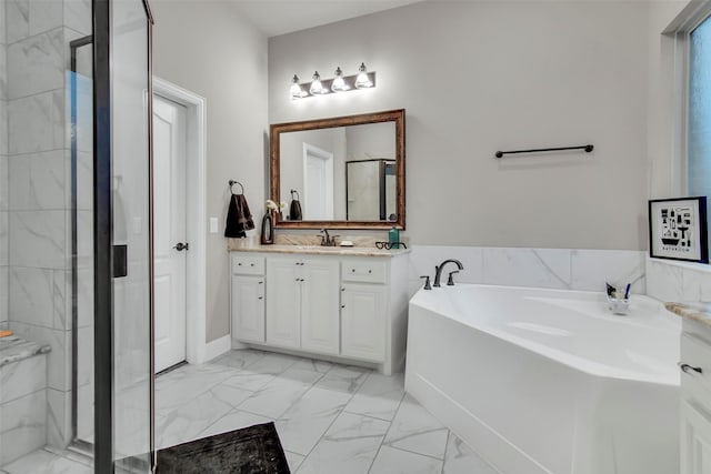 full bathroom with a bath, vanity, marble finish floor, and a stall shower