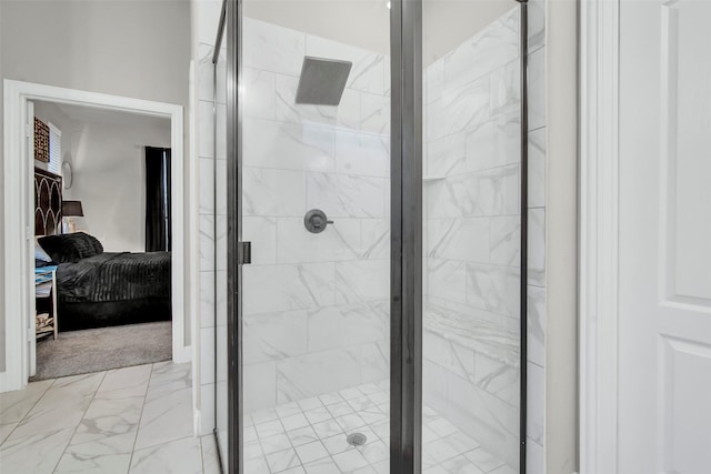full bath featuring connected bathroom, marble finish floor, and a stall shower