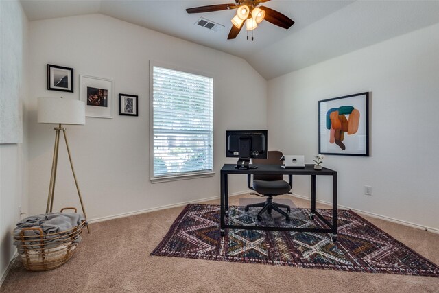 1809 6th St, Argyle, TX 76226 - carpeted office featuring lofted ceiling, ceiling fan, and baseboards