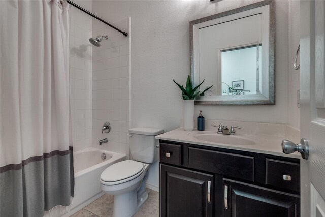 1809 6th St, Argyle, TX 76226 - full bath featuring toilet, vanity, shower / bathtub combination with curtain, and tile patterned flooring