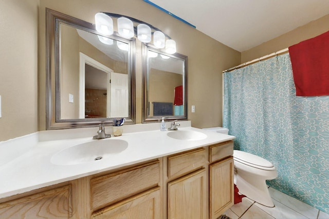 full bathroom featuring double vanity, toilet, tile patterned floors, and curtained shower