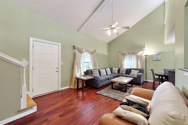 living room featuring high vaulted ceiling, ceiling fan, wood finished floors, and baseboards
