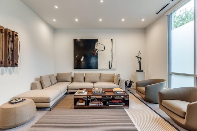 living room featuring recessed lighting