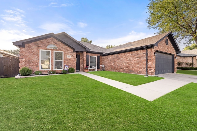 8121 Kathleen Dr, Fort Worth, TX 76137 - ranch-style home featuring fence, an attached garage, brick siding, a front yard, and concrete driveway