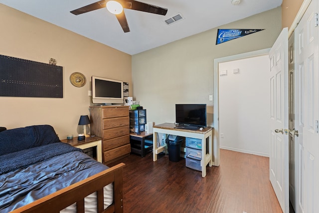 8121 Kathleen Dr, Fort Worth, TX 76137 - bedroom featuring baseboards, a ceiling fan, visible vents, and wood finished floors