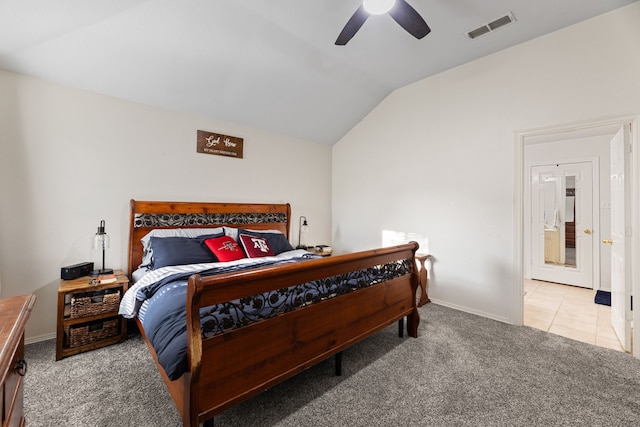 8121 Kathleen Dr, Fort Worth, TX 76137 - carpeted bedroom featuring baseboards, ceiling fan, visible vents, and vaulted ceiling