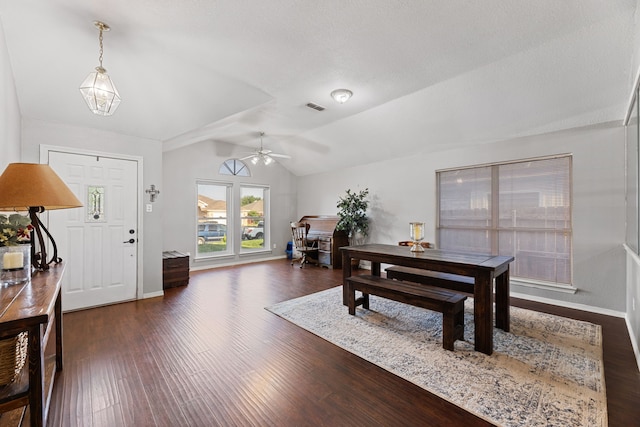 8121 Kathleen Dr, Fort Worth, TX 76137 - dining room with dark wood-style flooring, a ceiling fan, visible vents, and lofted ceiling