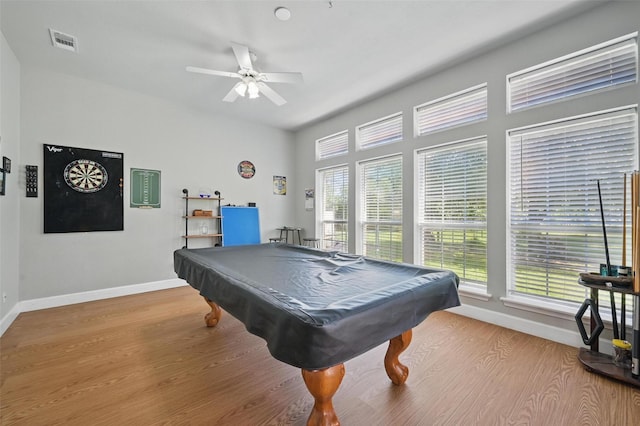 rec room with baseboards, a ceiling fan, billiards, and wood finished floors