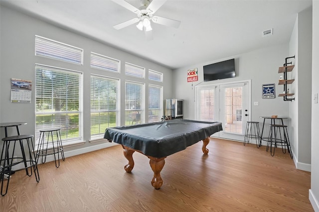 rec room featuring billiards, wood finished floors, baseboards, and ceiling fan
