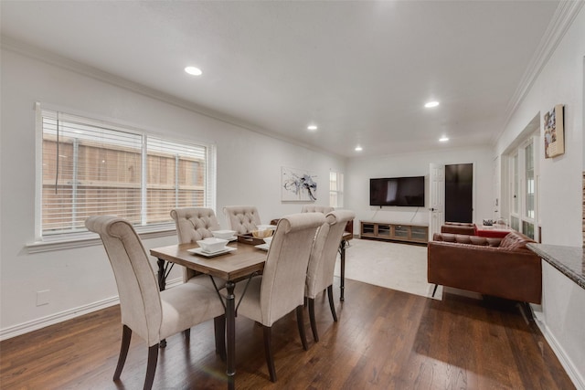 dining area featuring recessed lighting, baseboards, ornamental molding, and dark wood-style floors