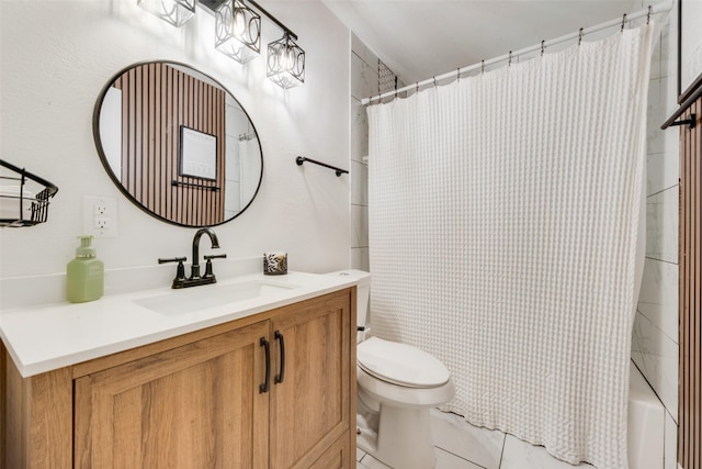 full bathroom with toilet, shower / bath combo, and vanity