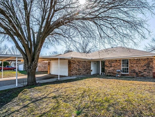 1213 Dennis Dr, Saginaw, TX 76179 - ranch-style house featuring an attached garage, concrete driveway, a front lawn, and brick siding