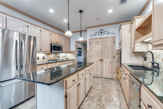 2516 Nighthawk Dr, Plano, TX 75025 - kitchen featuring a center island, a sink, open shelves, crown molding, and stainless steel appliances