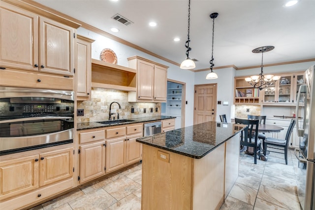 2516 Nighthawk Dr, Plano, TX 75025 - kitchen with light brown cabinetry, crown molding, open shelves, a sink, and visible vents