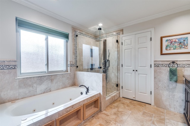 2516 Nighthawk Dr, Plano, TX 75025 - bathroom featuring a tub with jets, tile walls, a stall shower, and ornamental molding