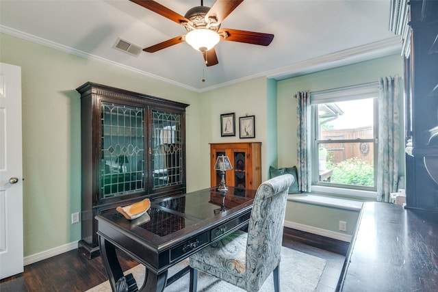 2516 Nighthawk Dr, Plano, TX 75025 - office space with baseboards, visible vents, dark wood-style floors, and ornamental molding