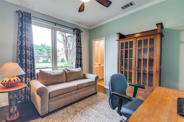 2516 Nighthawk Dr, Plano, TX 75025 - office area featuring wood finished floors, ornamental molding, visible vents, a ceiling fan, and baseboards