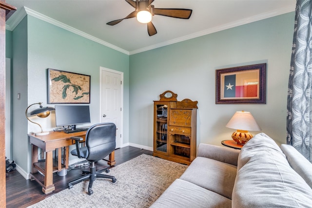 2516 Nighthawk Dr, Plano, TX 75025 - home office with crown molding, dark wood-type flooring, baseboards, and ceiling fan