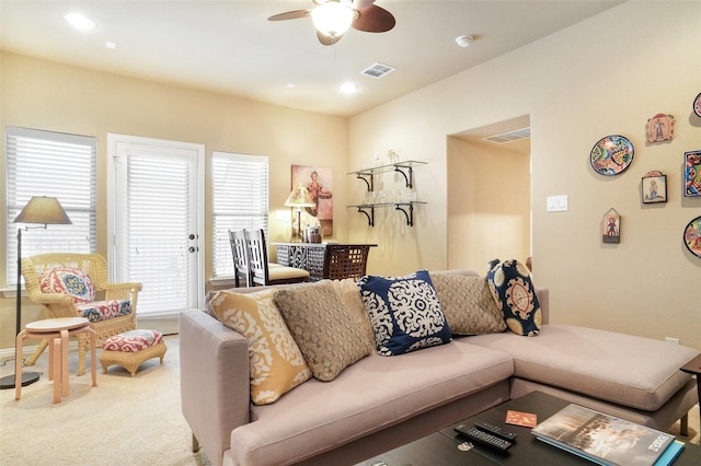 living area featuring ceiling fan, carpet floors, and recessed lighting