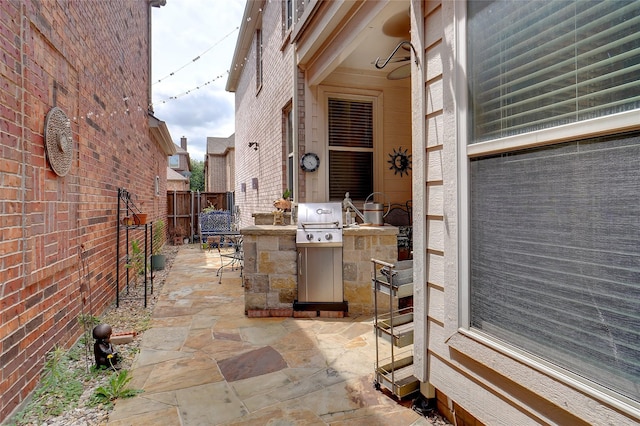 view of patio / terrace featuring a fenced backyard, an outdoor kitchen, grilling area, and entry steps