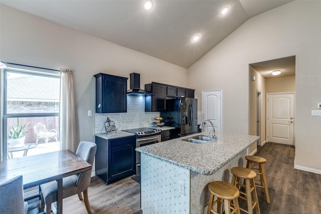 2868 Pacifico Way, Fort Worth, TX 76111 - kitchen featuring a sink, wall chimney exhaust hood, stainless steel electric stove, black refrigerator with ice dispenser, and dark wood-style floors