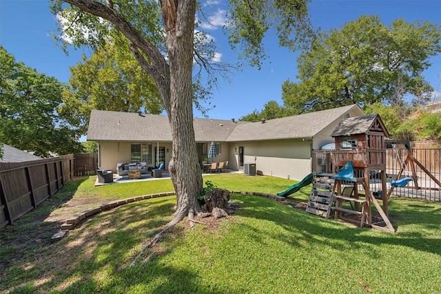 back of house with an outdoor living space, cooling unit, a fenced backyard, a playground, and a yard