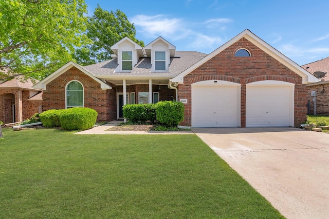 view of front of property featuring driveway, brick siding, a front lawn, an attached garage, and a shingled roof