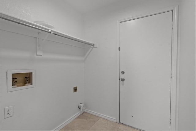 laundry area featuring washer hookup, laundry area, baseboards, light tile patterned floors, and hookup for an electric dryer