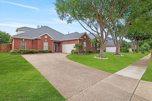 ranch-style house with brick siding, a shingled roof, and a front yard
