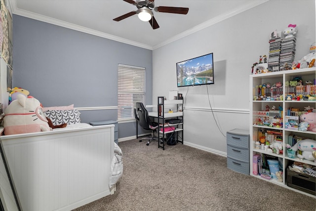 carpeted bedroom featuring a ceiling fan, baseboards, and ornamental molding