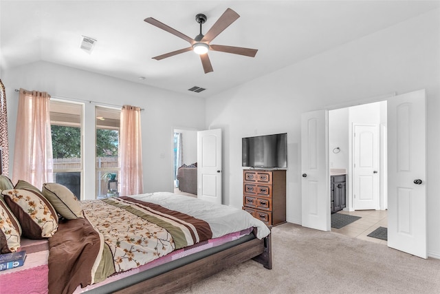 2317 Willard Dr, Mckinney, TX 75072 - bedroom with light carpet, lofted ceiling, ceiling fan, and light tile patterned floors