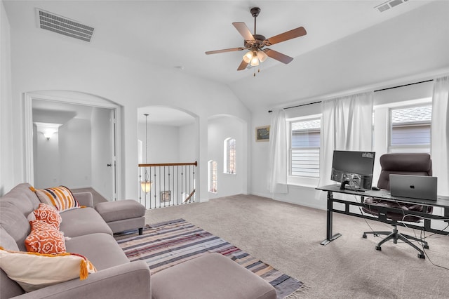 2317 Willard Dr, Mckinney, TX 75072 - office space with carpet, ceiling fan, lofted ceiling, and arched walkways