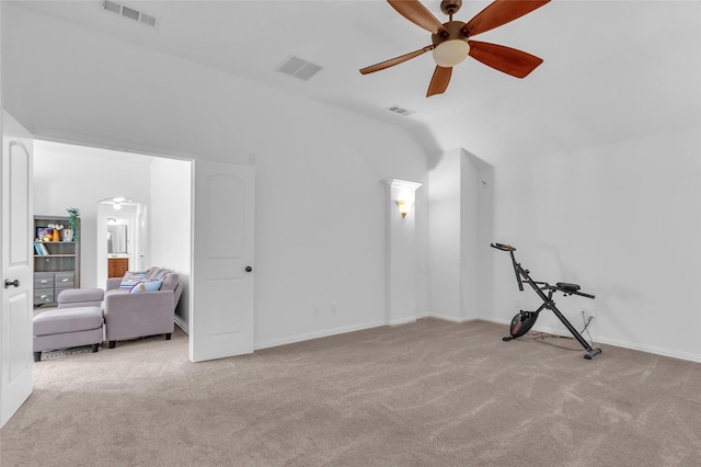 2317 Willard Dr, Mckinney, TX 75072 - bonus room featuring carpet, a ceiling fan, arched walkways, lofted ceiling, and baseboards
