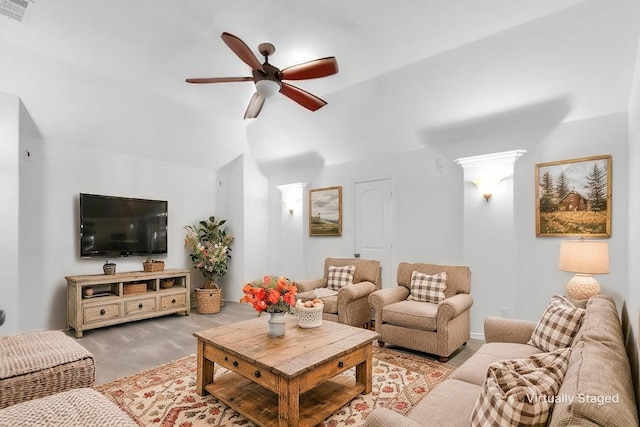 2317 Willard Dr, Mckinney, TX 75072 - living room with a ceiling fan, high vaulted ceiling, and carpet