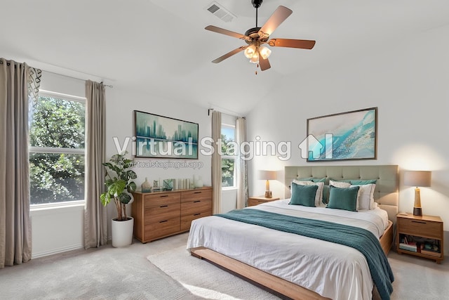 2317 Willard Dr, Mckinney, TX 75072 - carpeted bedroom with multiple windows, vaulted ceiling, ceiling fan, and baseboards