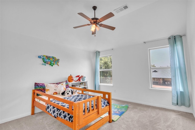 2317 Willard Dr, Mckinney, TX 75072 - carpeted bedroom with baseboards, vaulted ceiling, and a ceiling fan