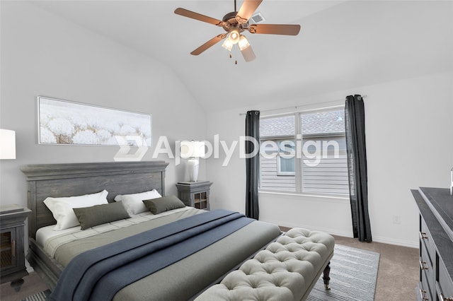 2317 Willard Dr, Mckinney, TX 75072 - bedroom with carpet flooring, vaulted ceiling, baseboards, and a ceiling fan